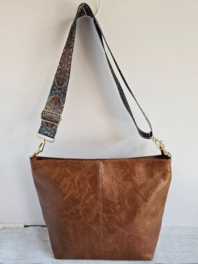 Brown Vegan Leather Shoulder Bag with Boho Patterned Strap